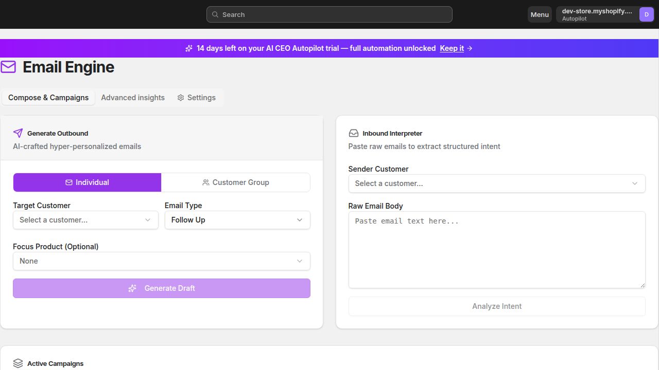 AI CMO Email Engine — AI-crafted hyper-personalized outbound campaigns and inbound email intent interpreter inside Shopify